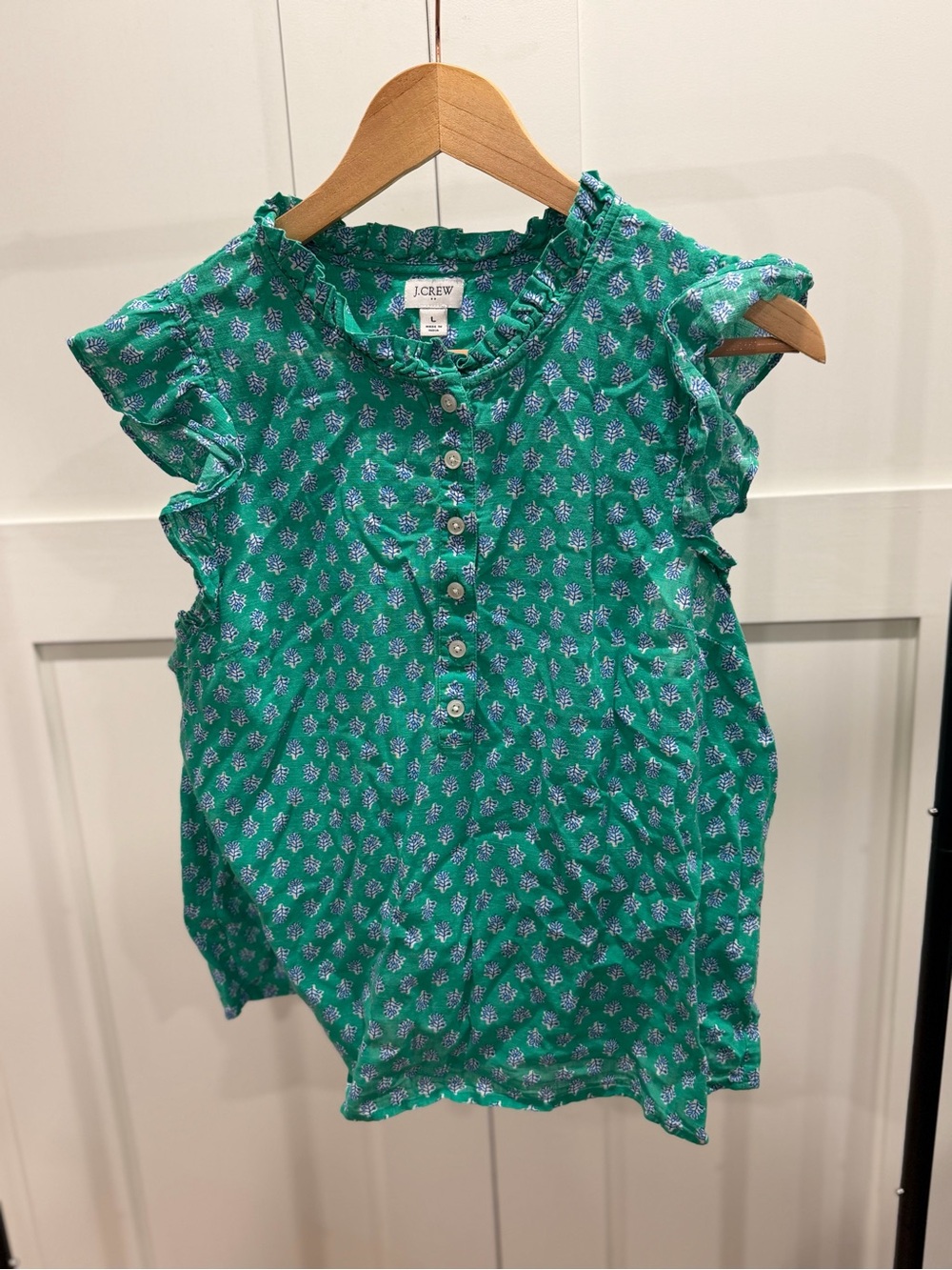 J. Crew Green Button-Front Ruffle Neck Blouse
